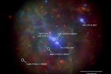 NASA's Swift X-ray telescope images from 2013 are merged to create an X-ray image of the galactic center. Low-energy x-rays (300-1,500 electron volts) are shown in red, medium-energy (1,500-3,000 eV) in green, and high-energy (3,000 to 10,000 eV) in blue.