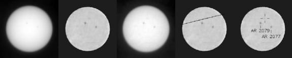This comparison shows five different versions of observations that NASA's Curiosity rover made about one hour apart while Mercury was passing in front of the sun on June 3, 2014. Two sunspots, each about the diameter of Earth, also appear in the images, moving much less during the hour than Mercury's movement.