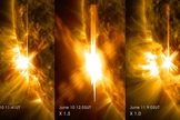 Three X-class flares erupted from the left side of the sun June 10-11, 2014. These images are from NASA's Solar Dynamics Observatory and show light in a blend of two ultraviolet wavelengths: 171 and 131 angstroms.