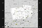This chart shows the location of the star formation region Gum 15 (red circle) in the southern constellation of Vela (The Sails).