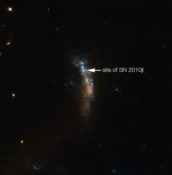 The location of the bright supernova SN 2010jl in the dwarf galaxy UGC 5189A is shown in this image captured by the NASA/ESA Hubble Space Telescope. A new study of the supernova by astronomers using the Very Large Telescope at the European Southern Observatory in Chile has revealed a new glimpse into how dust forms around supernovas.