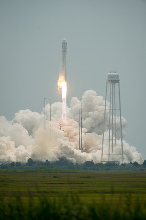 An Orbital Sciences Corporation Antares rocket launches the Cygnus cargo ship from Pad-0A at NASA's Wallops Flight Facility on Wallops Island, Virginia on Sunday, July 13, 2014. The commercial mission will deliver supplies to astronauts on the International Space Station.