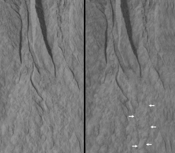 This pair of images covers one of the hundreds of sites on Mars where researchers have repeatedly used the High Resolution Imaging Science Experiment (HiRISE) camera on NASA's Mars Reconnaissance Orbiter to study changes in gullies on slopes.