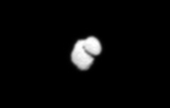 Rosetta spacecraft imaged Comet 67P/Churyumov-Gerasimenko on July 14, 2014, from a distance of approximately 7,450 miles (12,000 km). This image has been processed using "sub-sampling by interpolation," to remove pixelation.