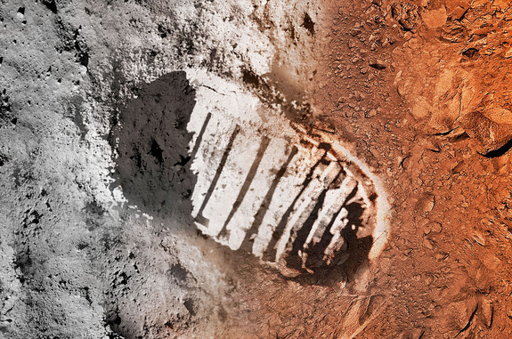 Artist's concept of a boot print on the moon and on Mars.