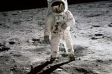 Neil Armstrong's iconic photo of Buzz Aldrin walking on the moon.