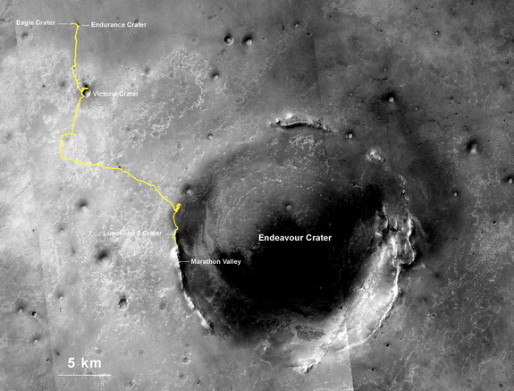 NASA's Mars Exploration Rover Opportunity, having been on Mars since January 2004, exceeded 25 miles of total drivindg on July 27, 2014. The yellow line indicates Opportunity's route from the landing site.