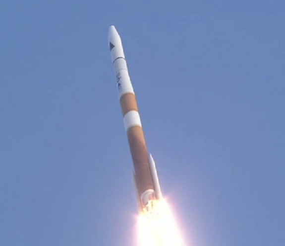 A Delta 4 rocket carrying three space situational awareness satellites for the U.S. Air Force rises into the sky on July 28, 2014.