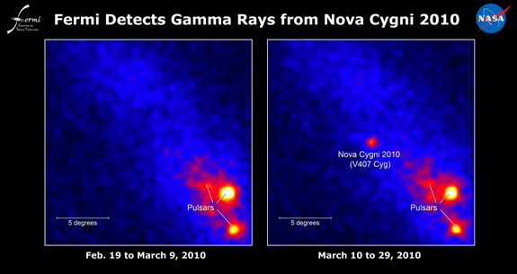 NASA's Fermi Large Area Telescope detects the V407 Cyg nova (right) on March 19, 2010, as shown in these discovery images. The image at left shows no nova visible 19 days before the discovery.