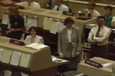 NASA officials in Mission Control laugh as a recorded wakeup call from actor Robin Williams is broadcast to the space shuttle Discovery during the STS-26 mission in 1988.