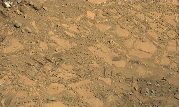 This photo taken on Aug. 12, 2014 by NASA's Curiosity Mars rover shows an outcrop that includes the "Bonanza King" rock under consideration as a drilling target.