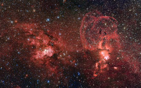 Two star-forming regions in the Milky Way shine in this photo taken by a telescope in Chile.