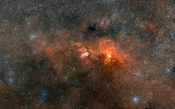 This wide view shows the region around the star cluster NGC 3603, located about 20,000 light-years from Earth.