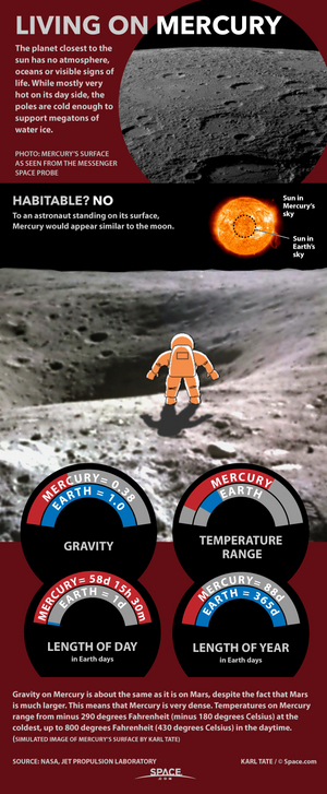 Conditions on Mercury would make living there a challenge. <a href="http://www.space.com/26894-living-on-mercury-explained-infographic.html">See how in this Space.com infographic</a>.