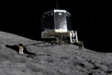 This still image from an animation shows Philae lander separating from Rosetta spacecraft, then descending to the surface of comet 67P/Churyumov-Gerasimenko as planned for November 2014. Image released Feb. 17, 2014.