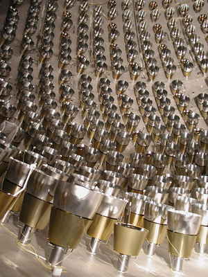 Inside the Borexino stainless steel sphere showing some of the photomultipliers used to detect the pp neutrino.