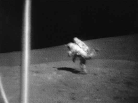 Humans sometimes have difficulty orienting themselves in a low-gravity environment. In this image from Dec. 12, 1972, NASA astronaut Jack Schmitt topples over after losing his balance during an Apollo 17 moonwalk.