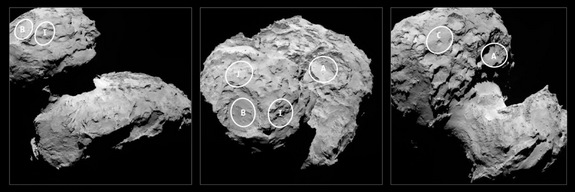 This European Space Agency image shows the five candidate landing sites on Comet 67P/Churyumov-Gerasimenko for the Philae lander aboard the Rosetta spacecraft. ESA scientists will unveil the target landing site on Sept. 15, 2014. Philae will make its historic landing on the comet on Nov. 11, if all goes well.