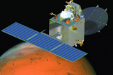 An artist's view of India's first Mars probe, the heart of the Mars Orbiter Mission, in orbit around the Red Planet. India's first Mars orbiter will arrive at its target on Sept. 24, 2014.