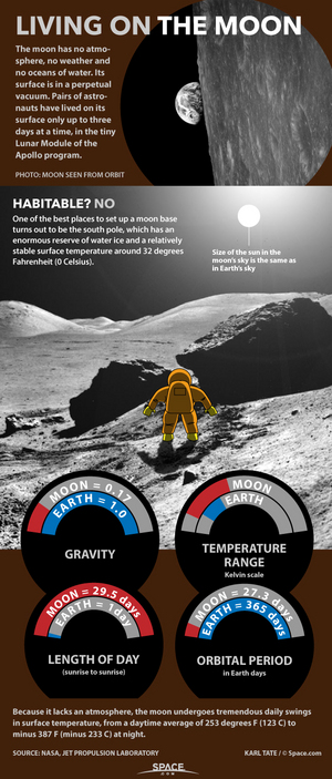 Life on the moon would be very different for explorers than life on Earth. <a href="http://www.space.com/27203-living-on-the-moon-explained-infographic.html">See what it living on the moon would be like in this Space.com infographic</a>.