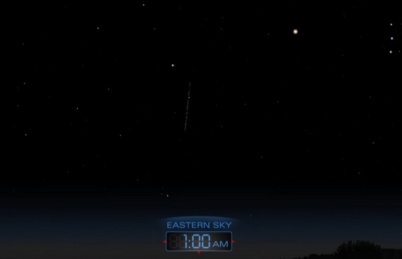The Orionid meteors appear to emanate from the constellation Orion, which is high to the right in this sky map.