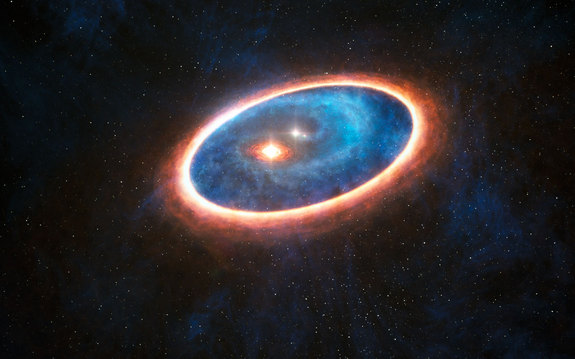 This is an artist's depiction of the dust and gas surrounding the double star system GG Tauri-A. Scientists think that planets might be forming in this double star system.