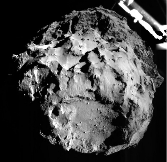 Comet 67P/CG appears in an image taken by the ROLIS instrument on the Philae lander as it descended from Rosetta spacecraft on Nov. 12, 2014, from a distance of approximately 1.9 miles (3 km) from the surface.