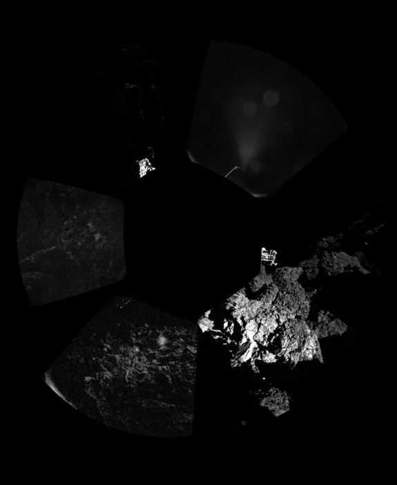 This first panorama from the surface of Comet 67P/Churyumov–Gerasimenko was captured by the Philae lander on Nov. 12, 2014 after its historic landing during the European Space Agency's Rosetta mission. ESA released the image Nov. 13 to show its first glimpses ever from the surface of a comet.