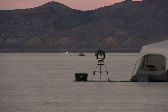 The desert is an ideal location for starshade testing, as it provides enough space to set up three stations — the light source, the starshade and a telescope. The light station is at the far end where a bright light source is located (the "star") along with very faint "planet" sources. The starshade station is in the middle, and the telescope station is in the foreground.