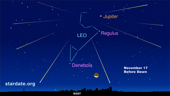 The 2014 Leonid meteor shower will appear to radiate out from the constellation Leo in the eastern night sky, as shown in this sky map provided by StarDate Magazine. Be sure to get away from bright city lights to make the most of your meteor watching experience.