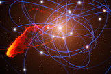 A computer simulation of the G2 gas cloud's encounter with the supermassive black hole Sagittarius A* at the center of the Milky Way.