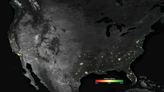A look at how city lights shine brighter during the holidays in the United States, as shown using a new analysis of data gathered by the NASA-NOAA Suomi NPP satellite. Dark green pixels are areas where lights are at least 50 percent brighter during December.
