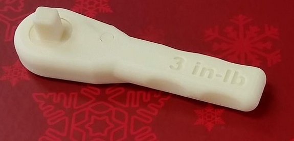 Ground sample of the ratchet wrench created by the 3D printer aboard the International Space Station. The wrench was designed by Noah Paul-Gin, an engineer at Made In Space, the California company that designed and built the orbiting lab's printer.