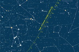 A detailed finder chart shows where to look for Comet Lovejoy during January 2015. The dates' tick marks indicate the position at 0:00 Universal Time (7 p.m. on the previous date Eastern Standard Time).