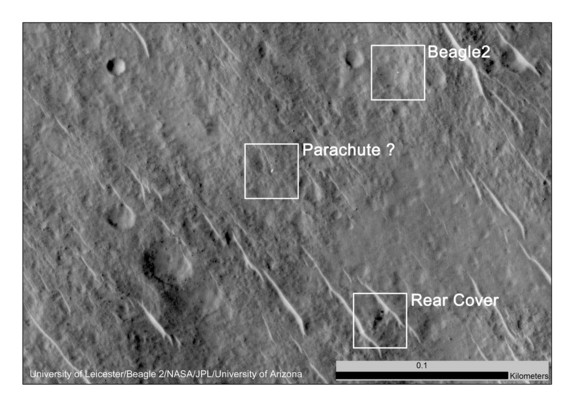 In 2014, NASA's Mars Reconnaissance Orbiter captured these images of the lost Beagle 2 lander on the surface of the Red Planet. This image shows the various components of the lander, which was lost on Mars in 2003. Image uploaded Jan. 16, 2015.