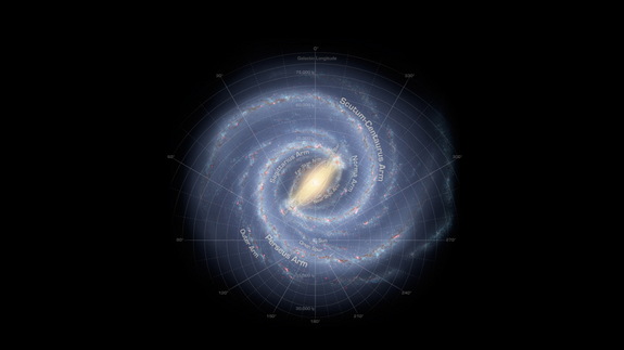 Caption: An artist's rendition of the Milky Way galaxy shows the major arms that have been identified by scientists, though they're not able to observe the galaxy face-on.