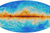 The most ancient light in the universe, known as the cosmic microwave background, seen by the European Space Agency's Planck satellite. The image also captures interstellar dust and the magnetic field of our galaxy. Planck used the CMB to estimate when stars began forming in the universe.