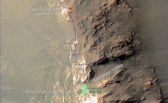 In February 2015, NASA's Mars Exploration Rover Opportunity approached a cumulative driving distance on Mars equal to the length of a marathon race. Image released Feb. 10, 2015.