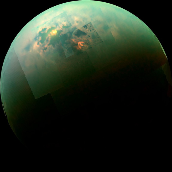 This near-infrared, color mosaic from NASA's Cassini spacecraft shows the sun glinting off of Titan's north polar seas. The sun glint, also called a specular reflection, is the bright area near the 11 o'clock position at upper left. This mirrorlike reflection, known as the specular point, is in the south of Titan's largest sea, Kraken Mare, just north of an island archipelago separating two separate parts of the sea.