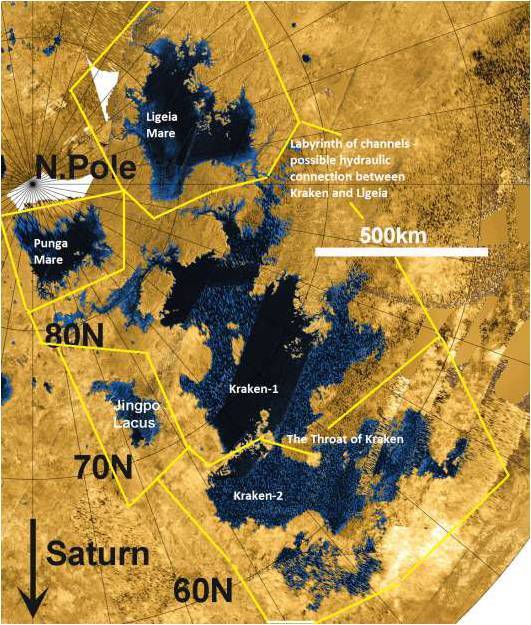 Radar map of Titan's seas. Lines denote the assumed catchment areas for each liquid body. Kraken sprawls across a wide latitude range and is notable for having two major basins (here designated Kraken-1 to the north, and Kraken-2 in the south), which are connected by a relatively narrow strait named the Throat of Kraken.