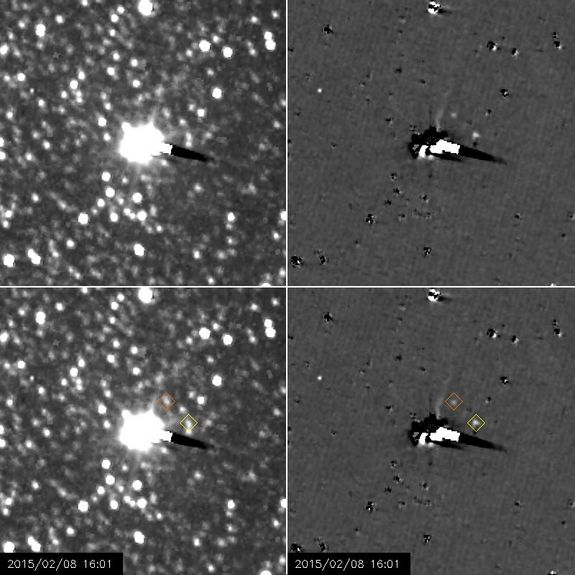 NASA's New Horizons probe captured these views of the Pluto moons Nix (yellow diamond) and Hydra (orange diamond) between Jan. 27 and Feb. 8, 2015. Pluto and its largest moon, Charon, are the fuzzy white blob in the images' center. Right-hand images have been processed to remove glare created by Pluto, Charon and background stars.