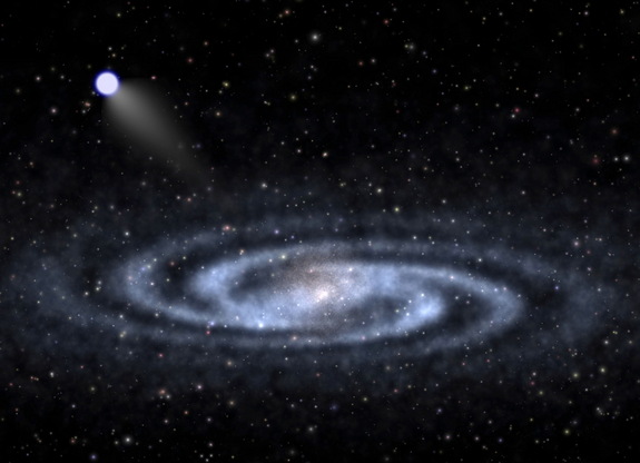 An astrophysicist-artist's conception of a hypervelocity star speeding away from the visible part of a spiral galaxy like our Milky Way. Hypervelocity star 708 is now the fastest-recorded star on its way out of the galaxy, and its origin story is highly unique.