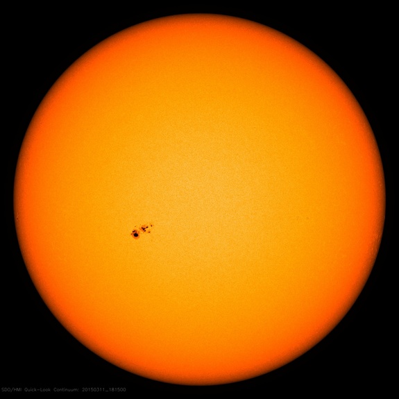 The sunspot AR12297 is visible in this image, taken by NASA's Solar Dynamics Observatory on March 11, 2015.