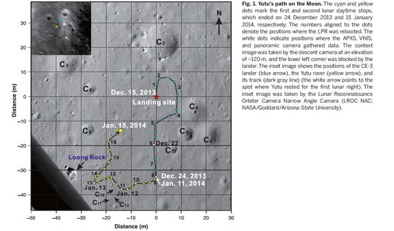 China's Yutu rover traveled about 374 feet (114 meters) on the moon in a zigzag fashion after touching down in December 2013.