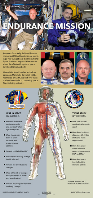 NASA astronaut Mark Kelly and Russian cosmonaut Mikhail Kornienko are taking the ultimate space trip: one year in space on the International Space Station. <a href="http://www.space.com/28931-one-year-space-mission-explained-infographic.html">See how their epic yearlong space station mission works in this infographic</a>.