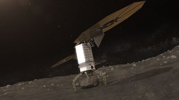 Artist's illustration of a robotic capture probe grabbing a boulder from a near-Earth asteroid.