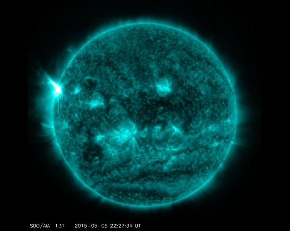 NASA's Solar Dynamics Observatory captured this image of an X2.7 solar flare (visible on left side of sun) on May 5, 2015.