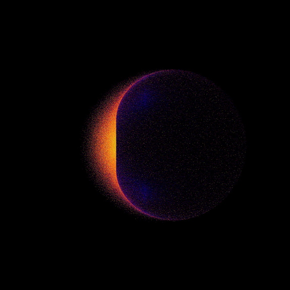 A 3D computer model of what the dark-matter gamma-ray signal might look like around a black hole. Because the particles are orbiting around the black hole (left to right) the signal is only visible on one side.