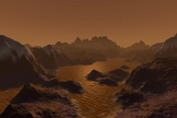 An artist's impression of the low-lit surface of Titan under the moon's thick, orange haze, with liquid hydrocarbons pooling and eroding the surface much like water on Earth.