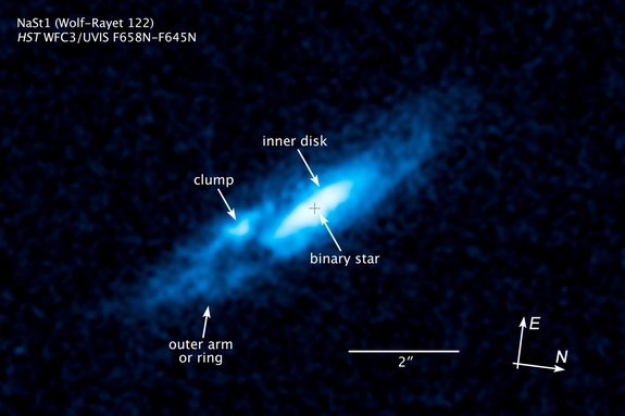 This image provides a compass and scale for star WR 122 (NaSt1). Image released May 21, 2015.